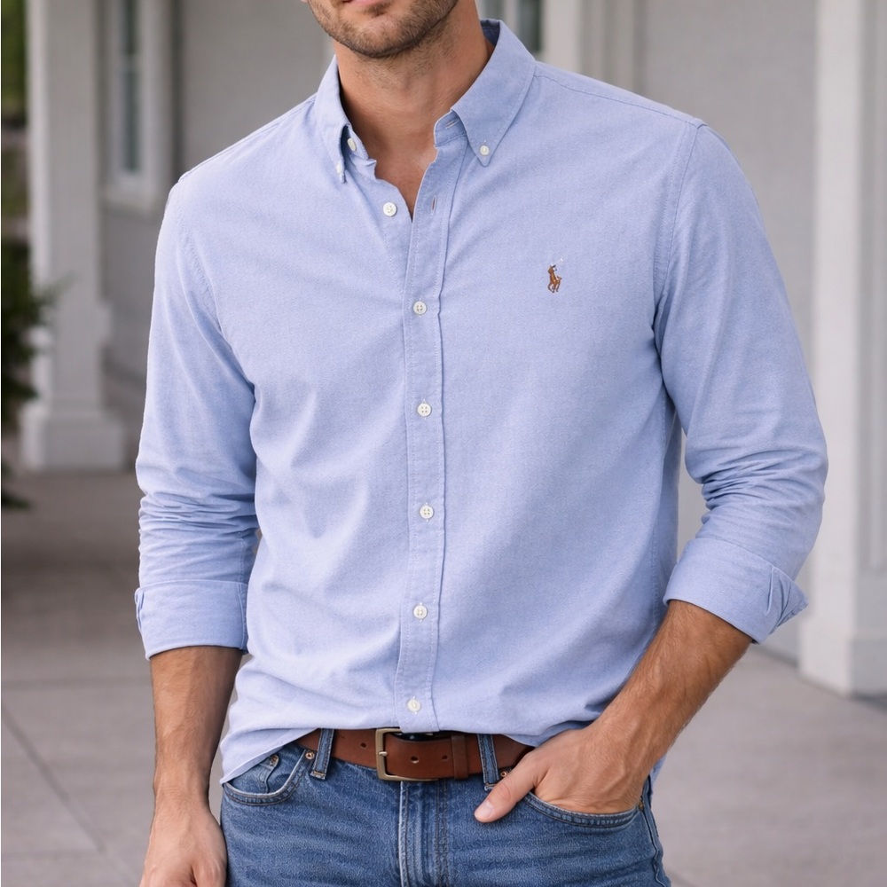 Vintage Ralph Lauren Men's Sky Blue Button Down Shirt